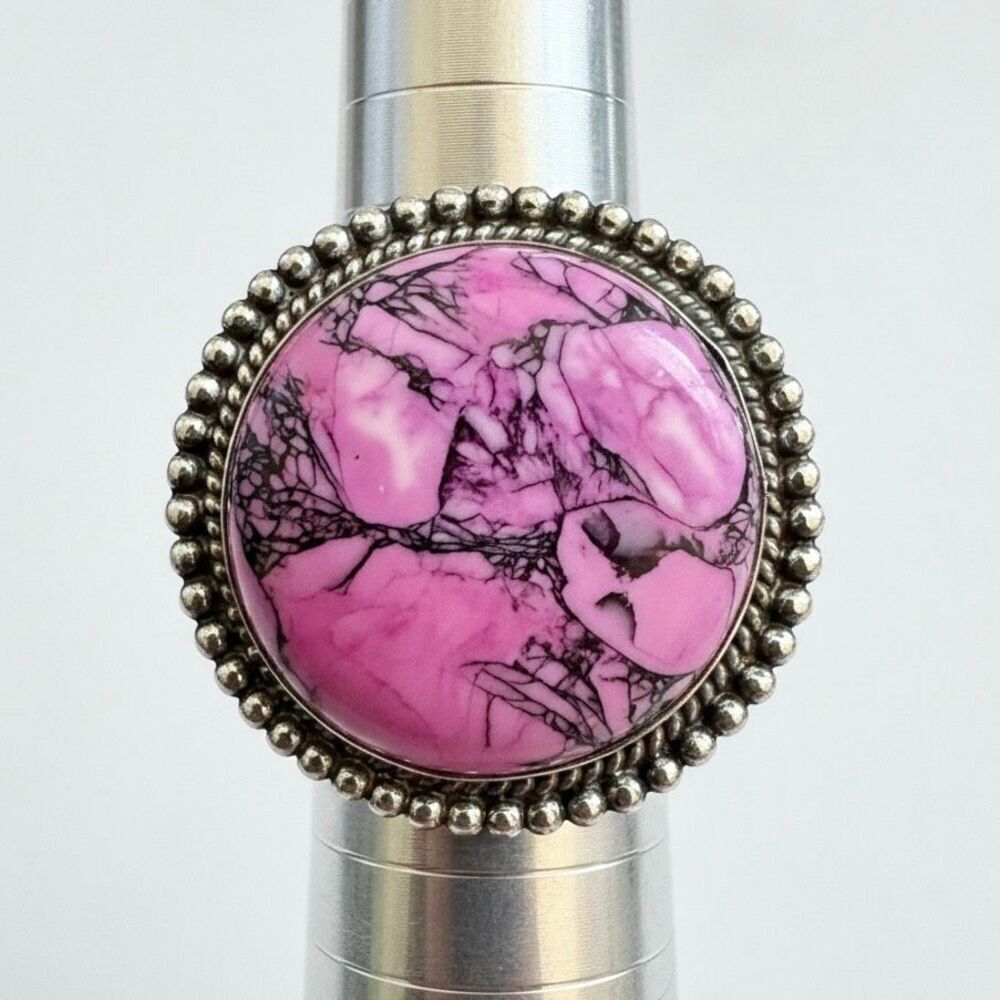 Pink Cherry Blossom Turquoise Statement Silver Ring - Large Cabochon Boho Size 6 - Picture 3 of 7